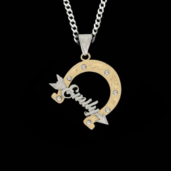 Personalize this beautiful horseshoe shaped pendant. Made with a Jewelers Bronze base and adorned with German Silver beads and arrow, Make your own by adding your name.

Pair with a sterling silver chain to create full necklace set! Click here to browse
